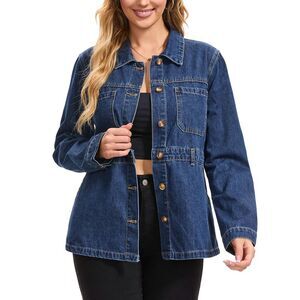 Women's Jean Jacket Long Sleeve Causal Distressed Denim Jackets Dark Blue